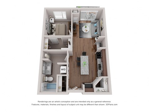 Floor plan for 1 bed, 1 bath, 672 sqft